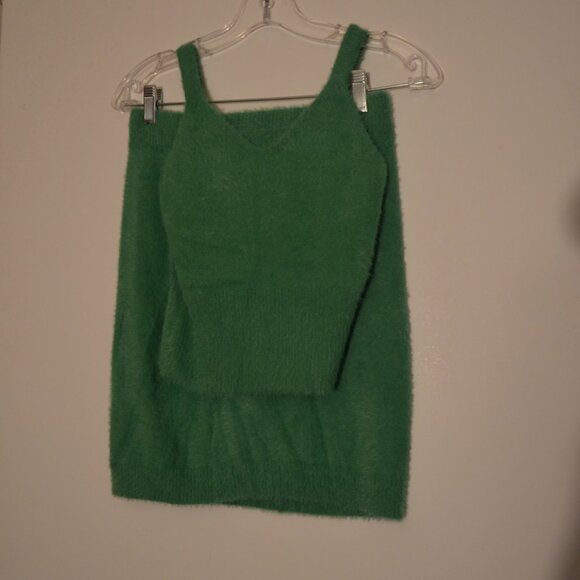 Freshman1996 Green Fluffy Dual Set Mini Skirt & Sleeveless Top Straps V-Neck S - Picture 1 of 13